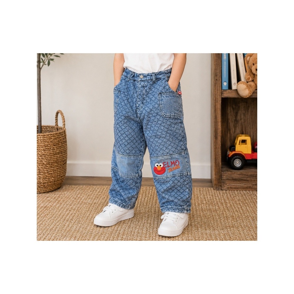 Vintage 90s Elmo Sesame Street Quilted Denim Jeans Kids 5T Embroidered Lined
